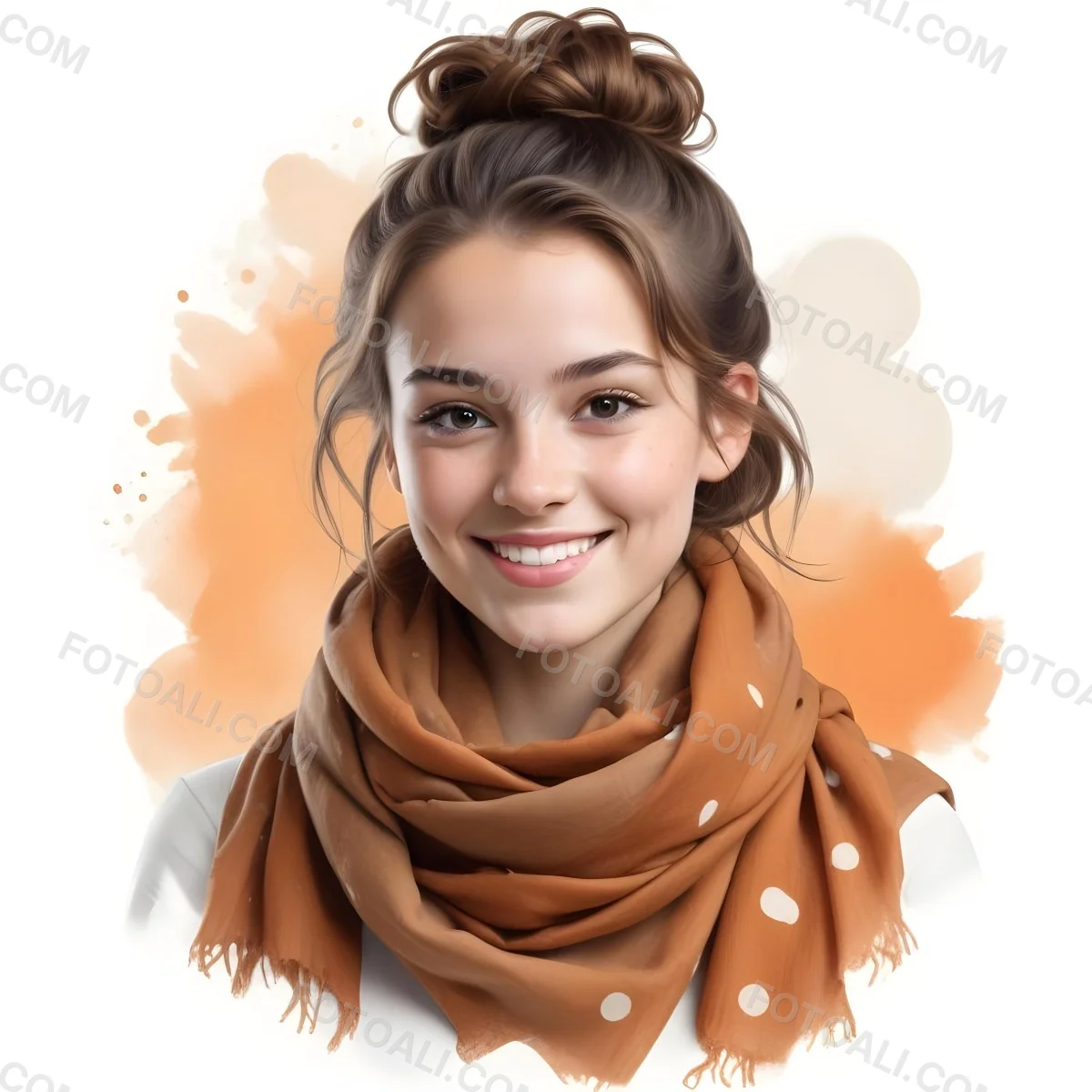 A White Woman With Light Skin 23 Years Old Brown Hair In A Bun Wearing A Brown Scarf Smiling In A White Background With Orange Spots 43 90ab