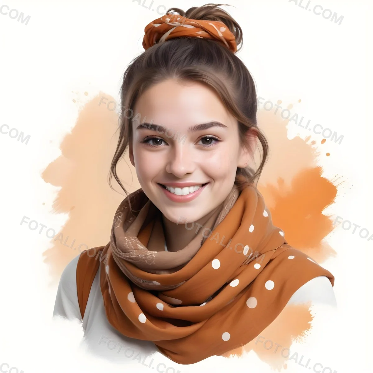 A White Woman With Light Skin 23 Years Old Brown Hair In A Bun Wearing A Brown Scarf Smiling In A White Background With Orange Spots 46 3af5