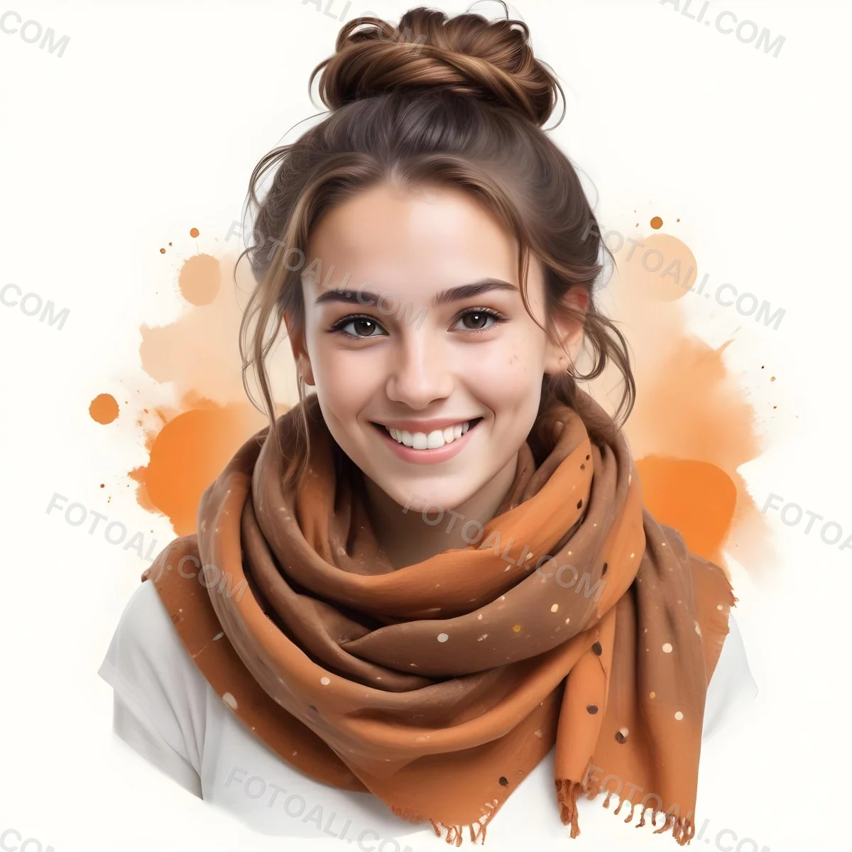 A White Woman With Light Skin 23 Years Old Brown Hair In A Bun Wearing A Brown Scarf Smiling In A White Background With Orange Spots 49 1e8e