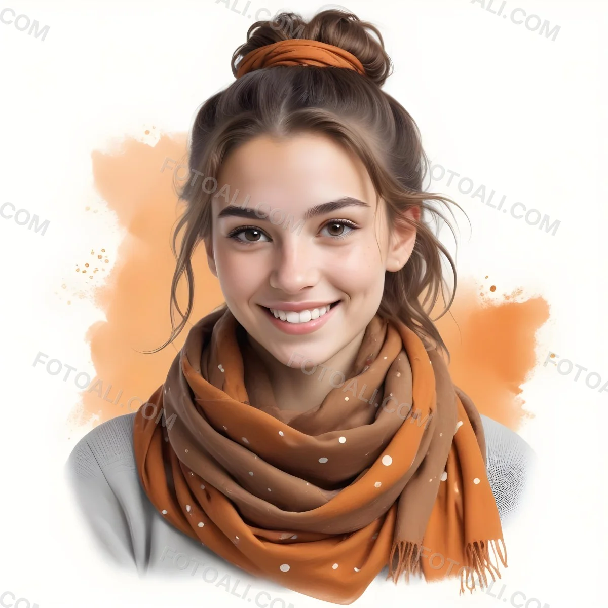 A White Woman With Light Skin 23 Years Old Brown Hair In A Bun Wearing A Brown Scarf Smiling In A White Background With Orange Spots 51 3465