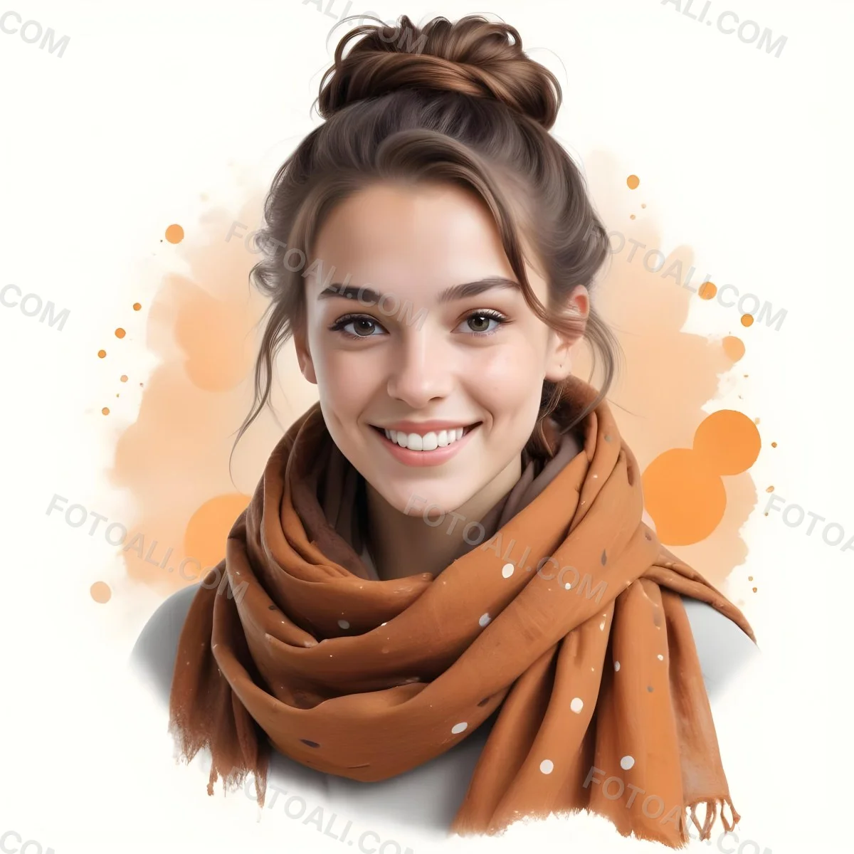 A White Woman With Light Skin 23 Years Old Brown Hair In A Bun Wearing A Brown Scarf Smiling In A White Background With Orange Spots 68 49de