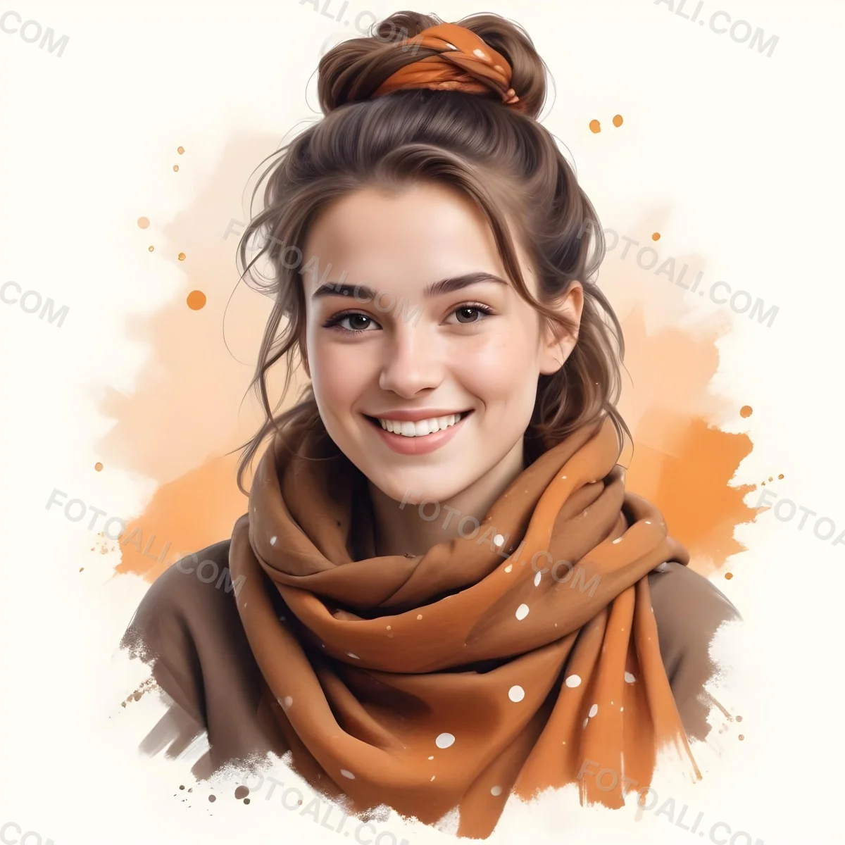 A White Woman With Light Skin 23 Years Old Brown Hair In A Bun Wearing A Brown Scarf Smiling In A White Background With Orange Spots 69 27a5