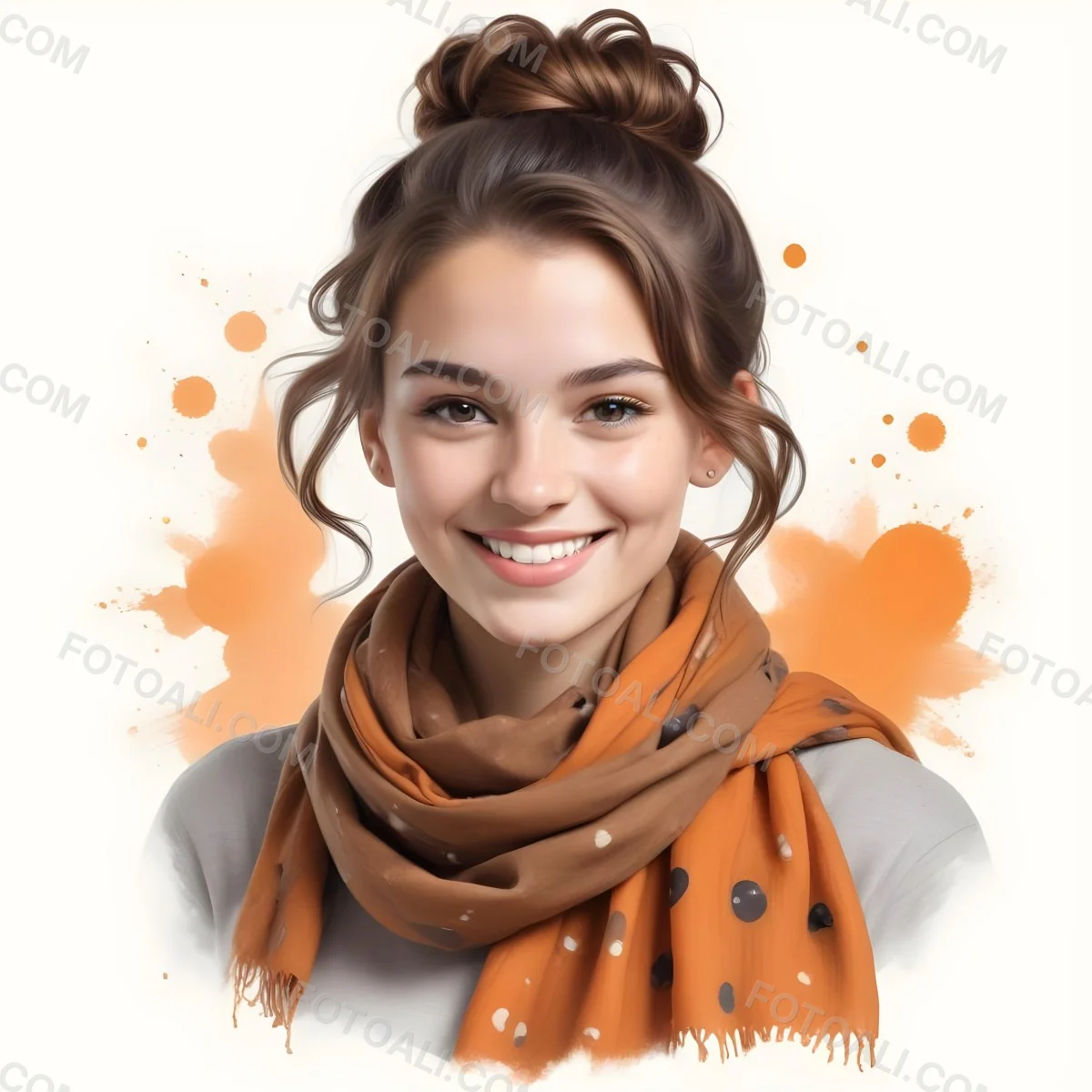 A White Woman With Light Skin 23 Years Old Brown Hair In A Bun Wearing A Brown Scarf Smiling In A White Background With Orange Spots 71 6c03
