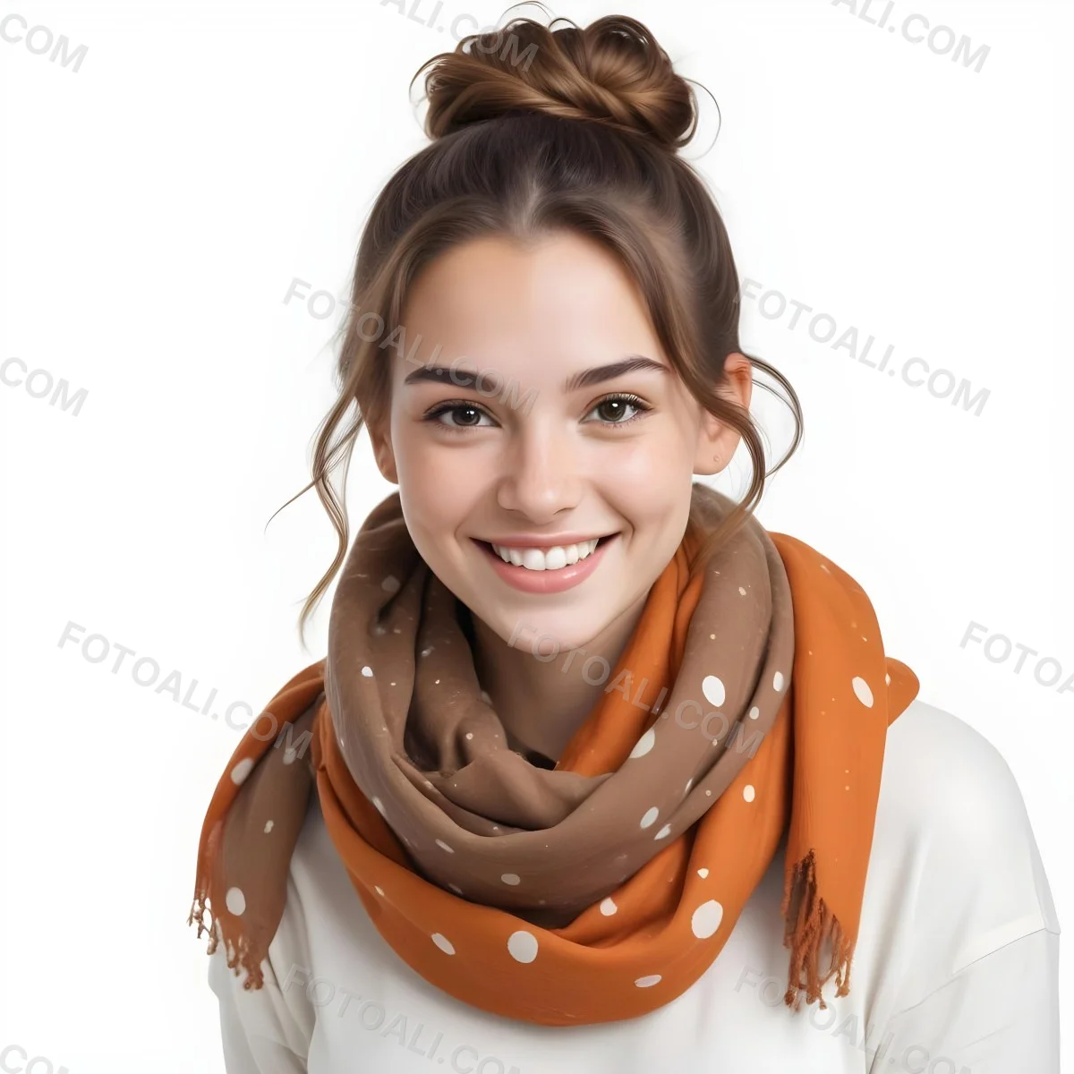 A White Woman With Light Skin 23 Years Old Brown Hair In A Bun Wearing A Brown Scarf Smiling In A White Background With Orange Spots 72 Abdf