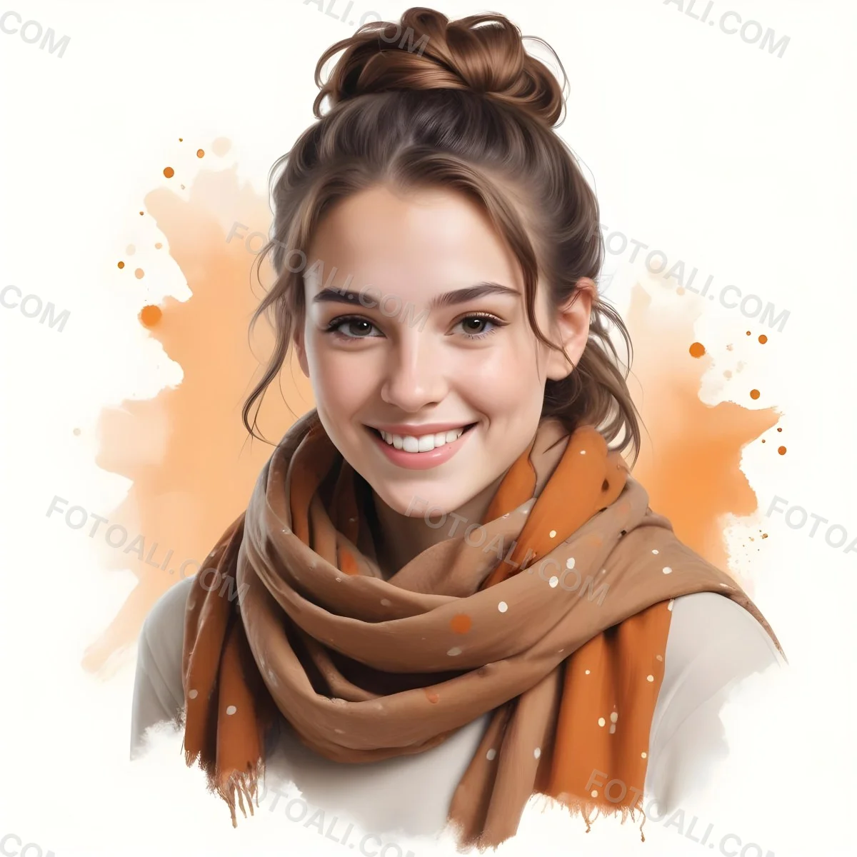 A White Woman With Light Skin 23 Years Old Brown Hair In A Bun Wearing A Brown Scarf Smiling In A White Background With Orange Spots 75 75c5