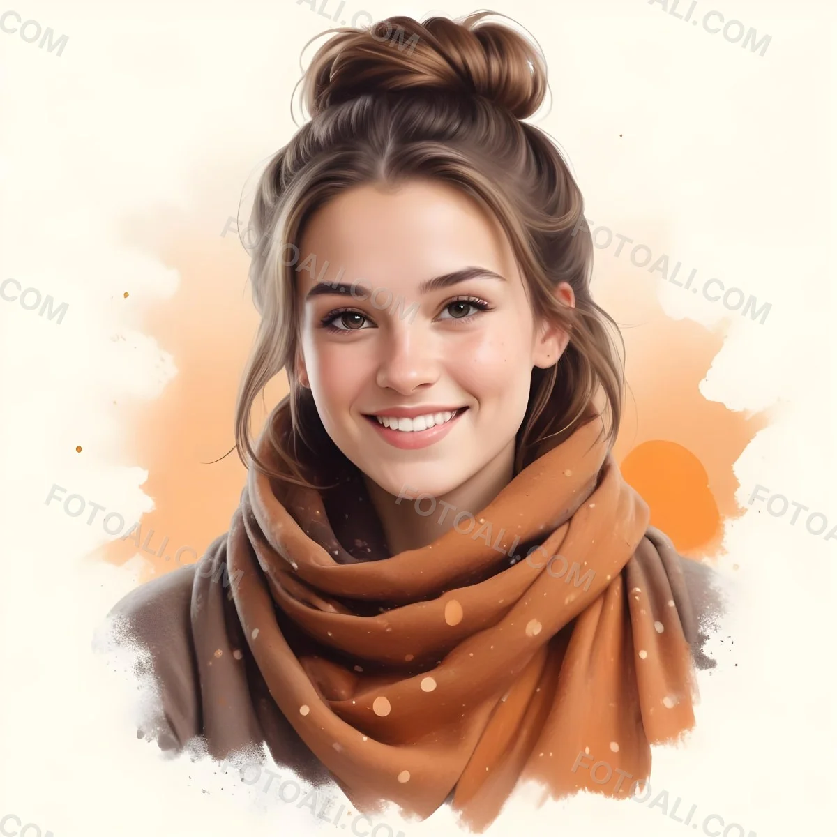 A White Woman With Light Skin 23 Years Old Brown Hair In A Bun Wearing A Brown Scarf Smiling In A White Background With Orange Spots 8 97dd