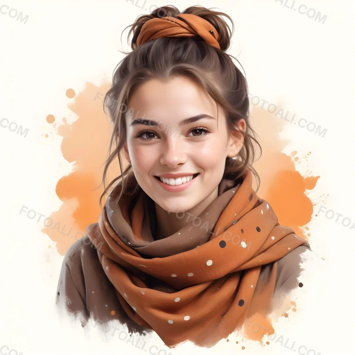 A White Woman With Light Skin 23 Years Old Brown Hair In A Bun Wearing A Brown Scarf Smiling In A White Background With Orange Spots 9 F8ed