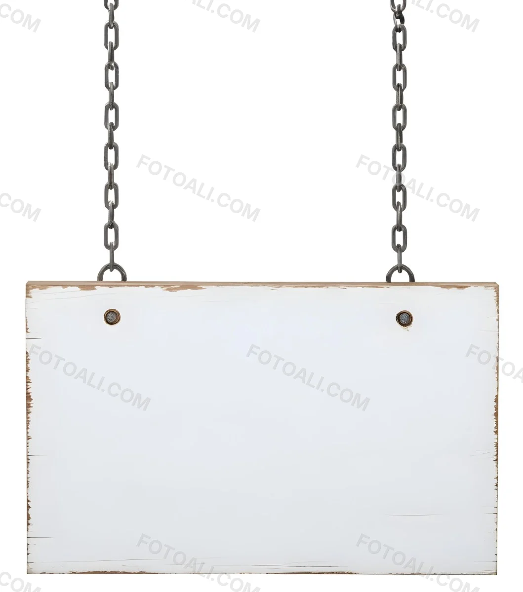 A White Wooden Sign Hanging From Two Metal Chains The Background Is Plain White 12 9ca8