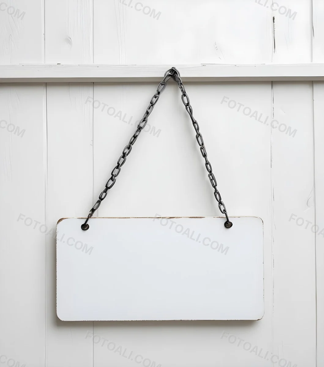 A White Wooden Sign Hanging From Two Metal Chains The Background Is Plain White 13 F57c