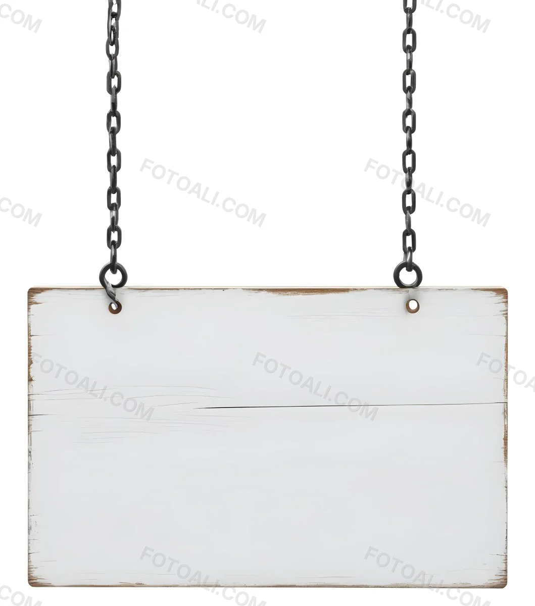 A White Wooden Sign Hanging From Two Metal Chains The Background Is Plain White 17 Ae41