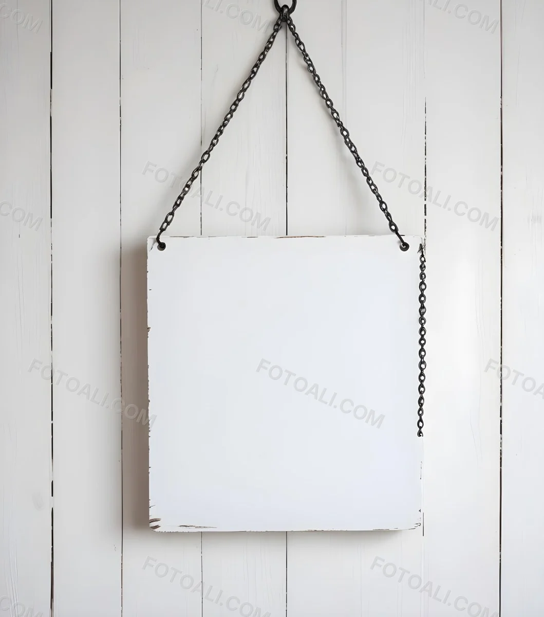 A White Wooden Sign Hanging From Two Metal Chains The Background Is Plain White 2 2d71