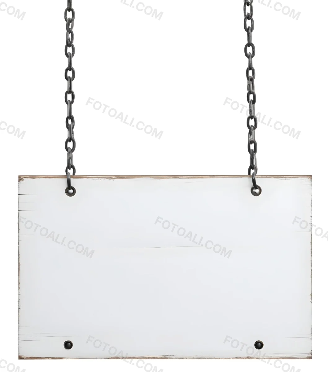 A White Wooden Sign Hanging From Two Metal Chains The Background Is Plain White 20 489a