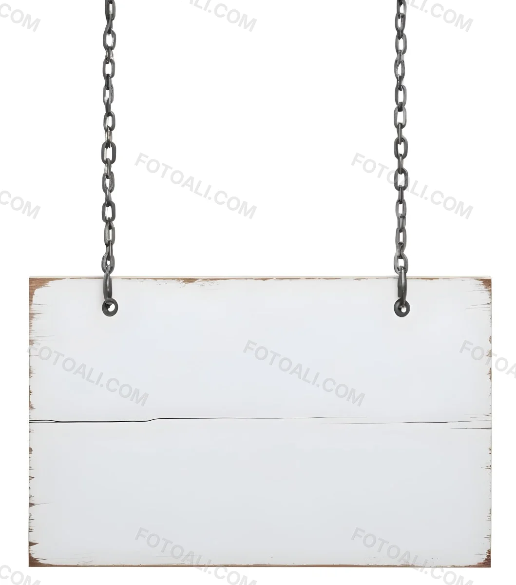 A White Wooden Sign Hanging From Two Metal Chains The Background Is Plain White 21 398d