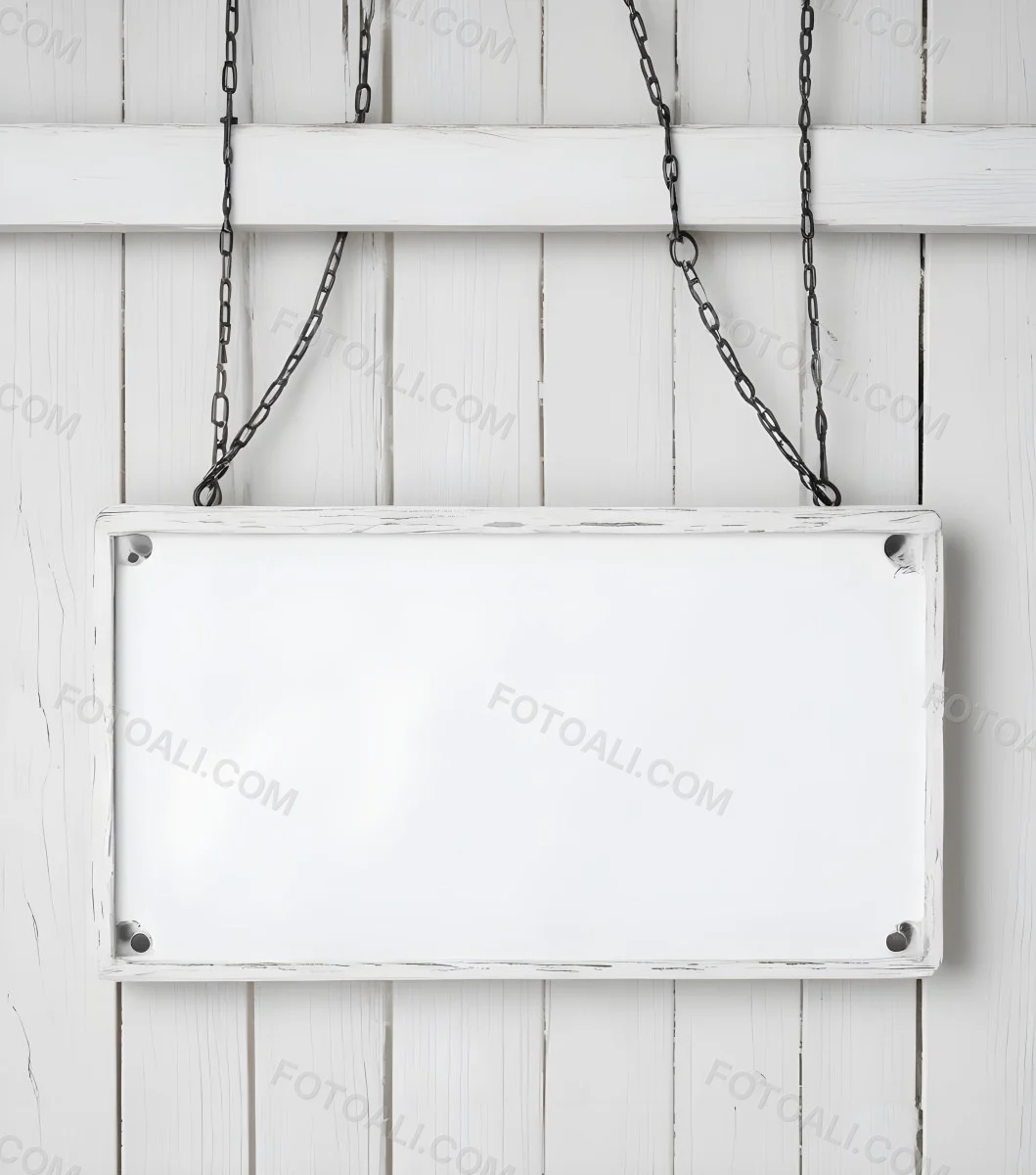 A White Wooden Sign Hanging From Two Metal Chains The Background Is Plain White 23 B9a6