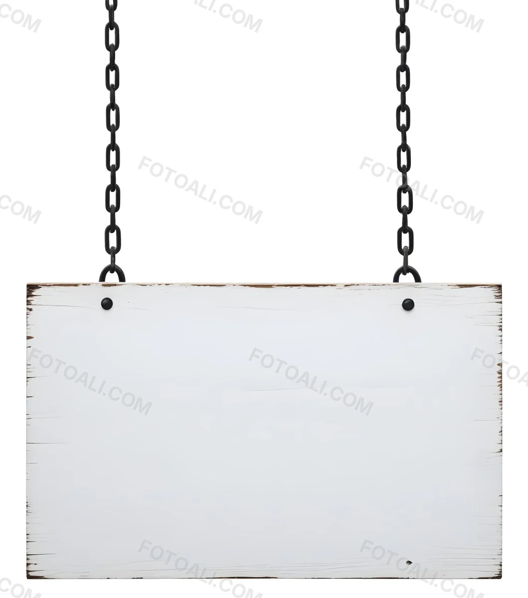 A White Wooden Sign Hanging From Two Metal Chains The Background Is Plain White 25 4218