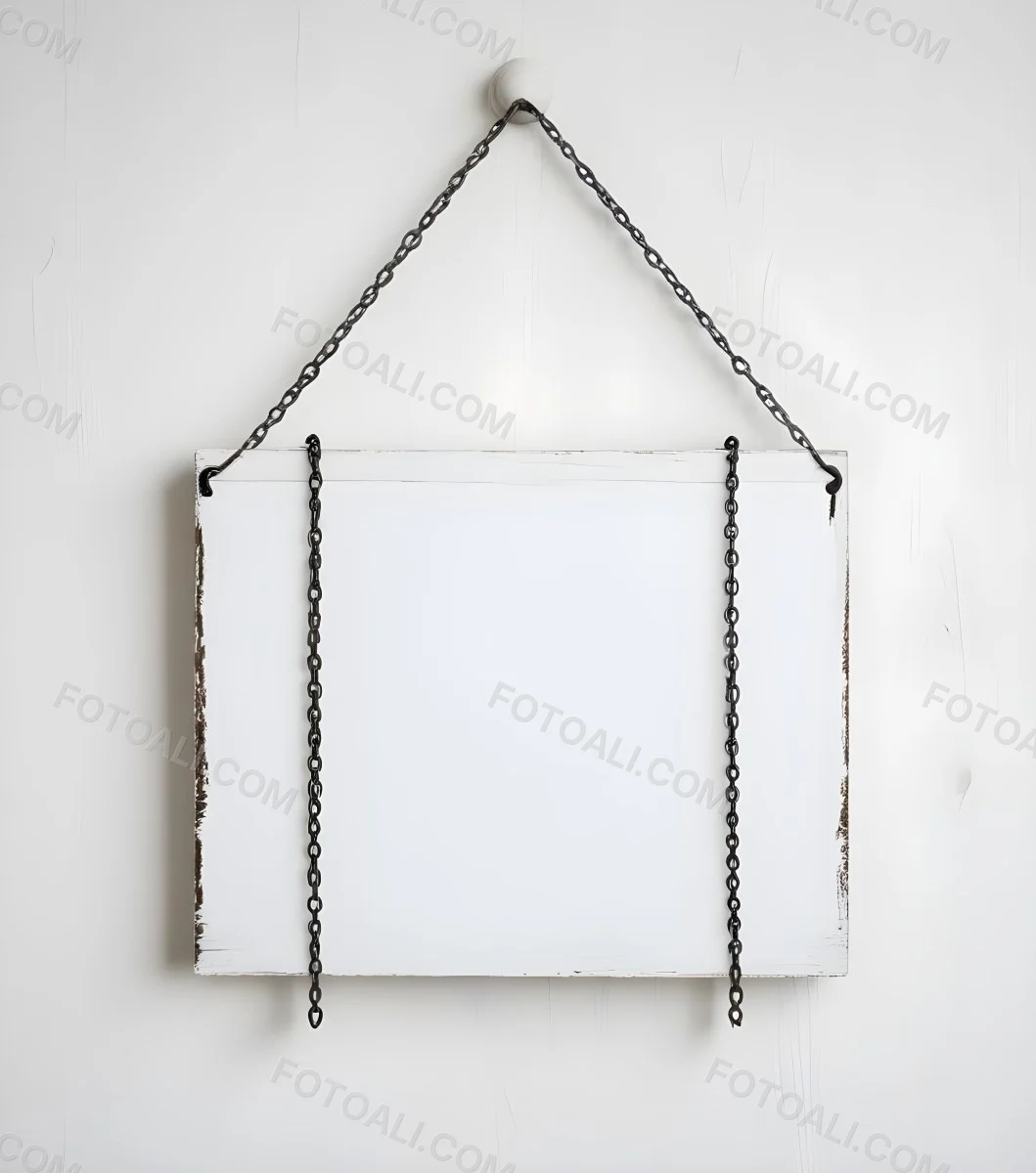 A White Wooden Sign Hanging From Two Metal Chains The Background Is Plain White 26 A708