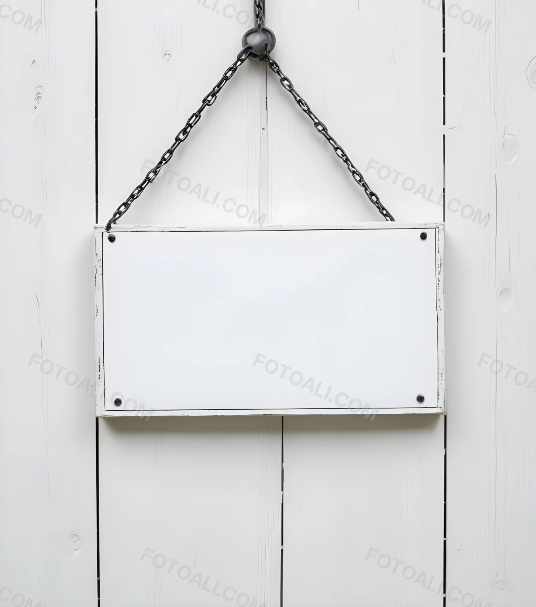 A White Wooden Sign Hanging From Two Metal Chains The Background Is Plain White 3 Dde3
