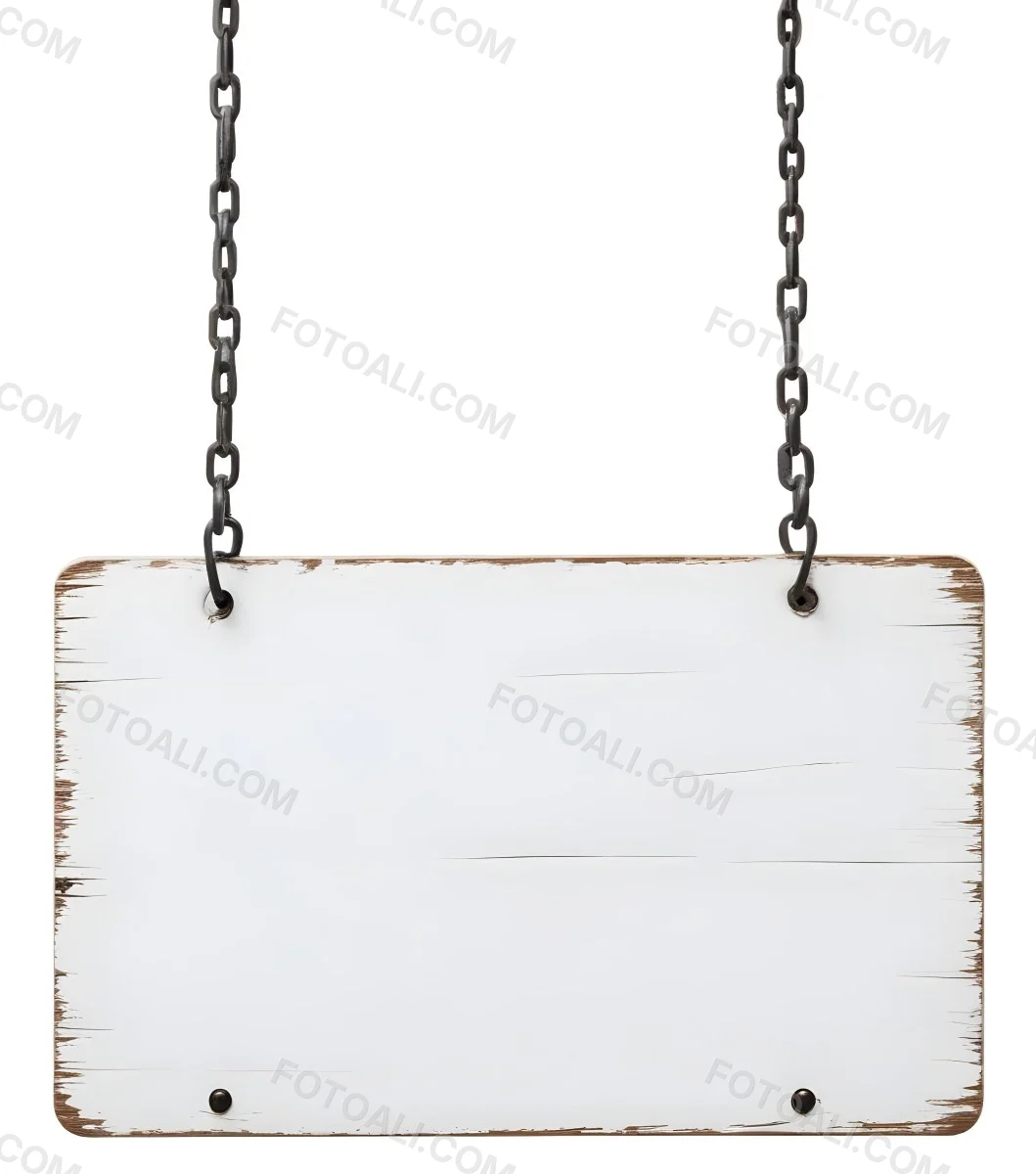 A White Wooden Sign Hanging From Two Metal Chains The Background Is Plain White 5 7d0d