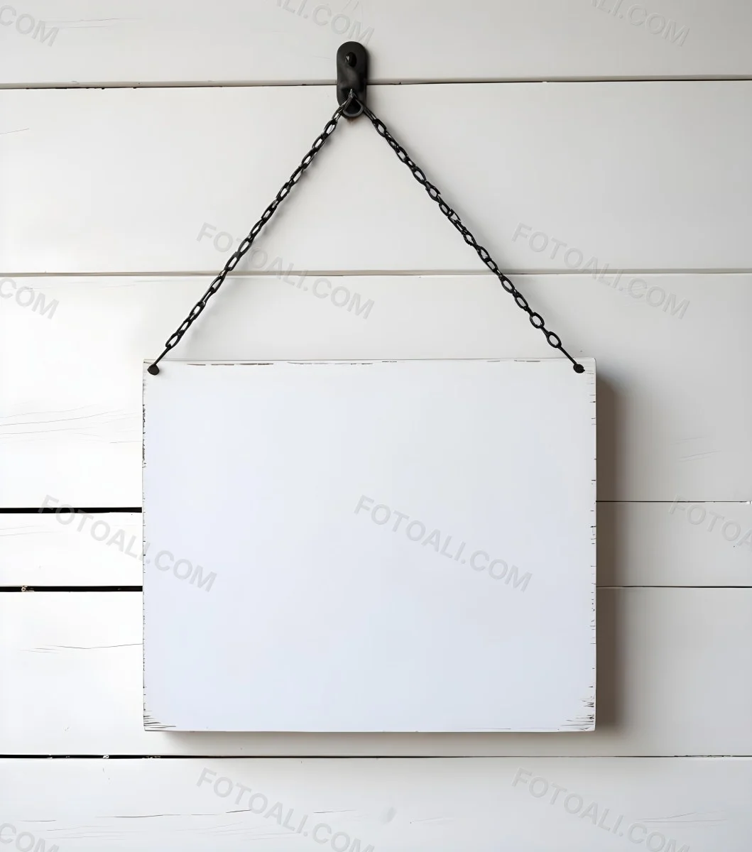 A White Wooden Sign Hanging From Two Metal Chains The Background Is Plain White 6 Bfc7