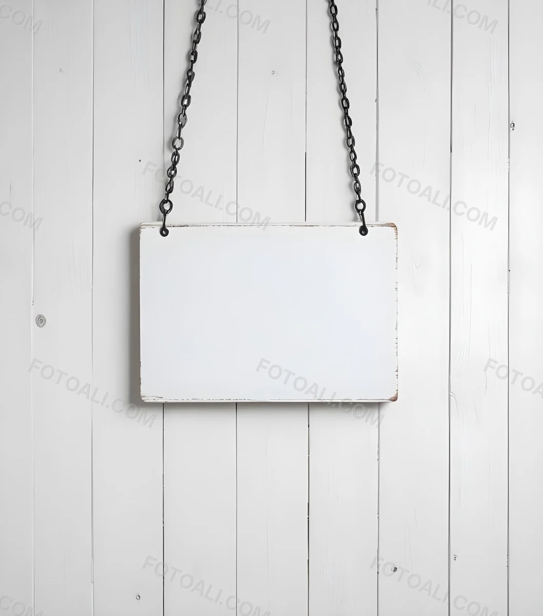 A White Wooden Sign Hanging From Two Metal Chains The Background Is Plain White 8 3fa7