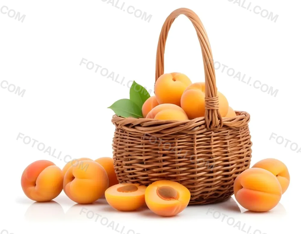 A Wicker Basket Filled With Fresh Ripe Apricots Some Whole And Some Halved With Green Leaves Scattered Around The Basket On A White Background 1 6287
