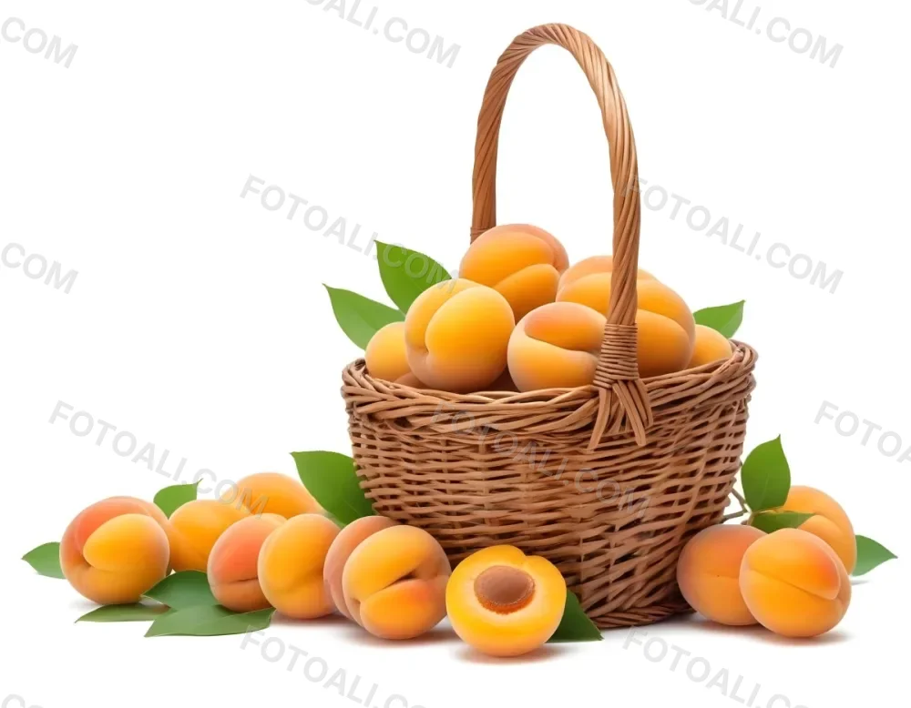 A Wicker Basket Filled With Fresh Ripe Apricots Some Whole And Some Halved With Green Leaves Scattered Around The Basket On A White Background 2 Abcd
