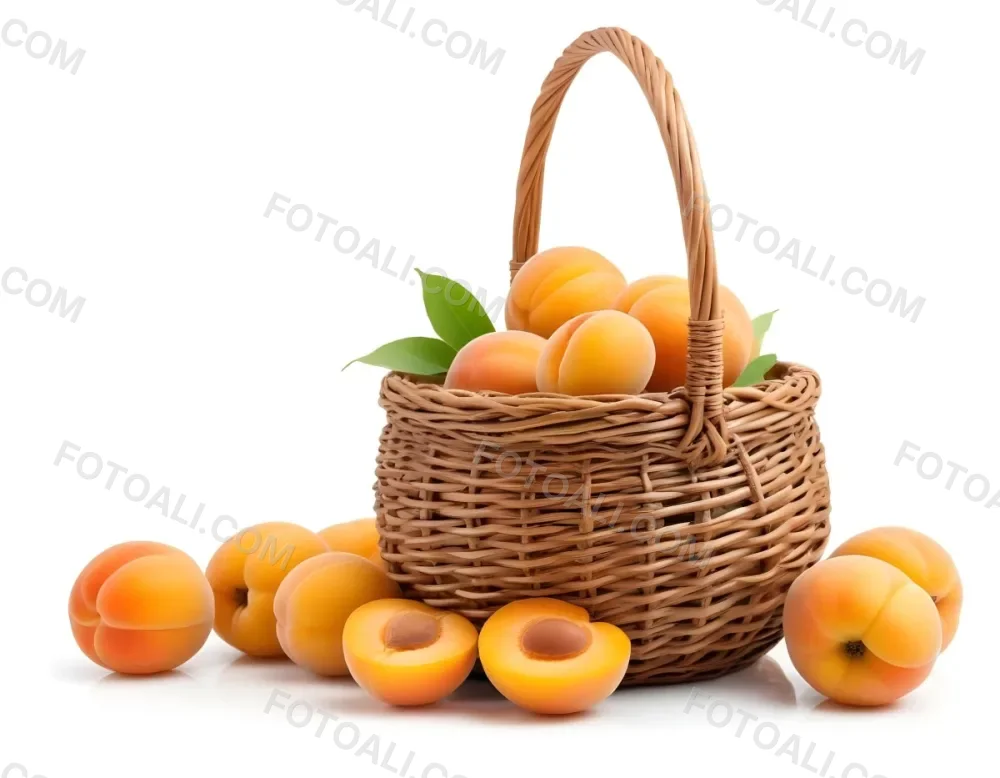 A Wicker Basket Filled With Fresh Ripe Apricots Some Whole And Some Halved With Green Leaves Scattered Around The Basket On A White Background 3 A025