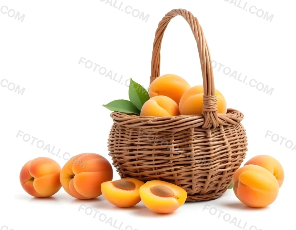 A Wicker Basket Filled With Fresh Ripe Apricots Some Whole And Some Halved With Green Leaves Scattered Around The Basket On A White Background 4 98a4