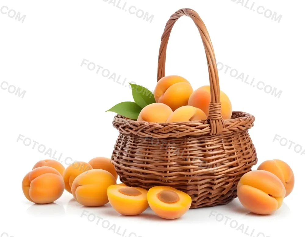 A Wicker Basket Filled With Fresh Ripe Apricots Some Whole And Some Halved With Green Leaves Scattered Around The Basket On A White Background 5 Bf11