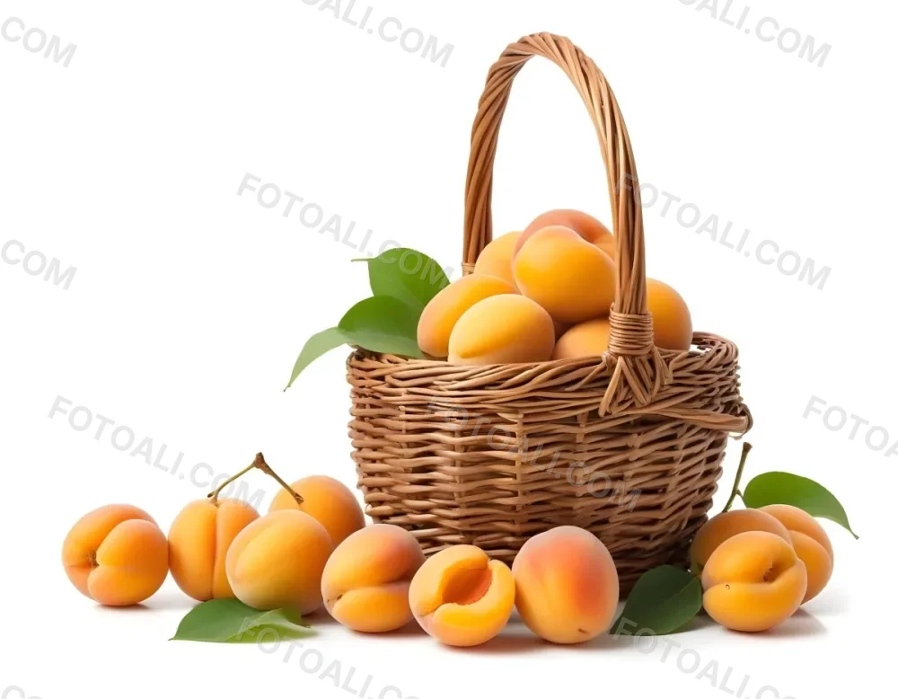 A Wicker Basket Filled With Fresh Ripe Apricots Some Whole And Some Halved With Green Leaves Scattered Around The Basket On A White Background 6 448a