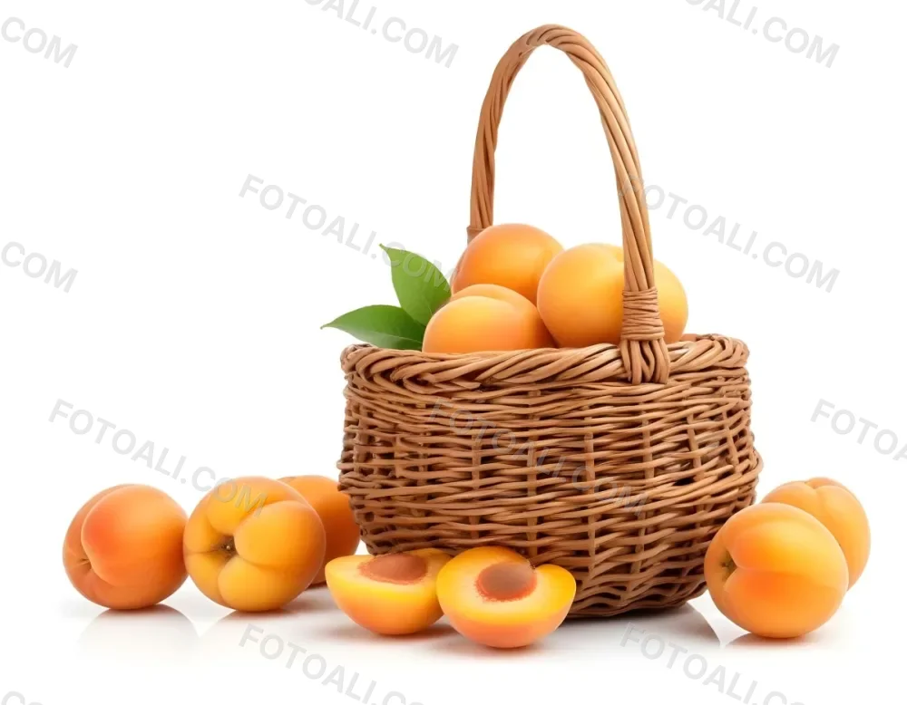 A Wicker Basket Filled With Fresh Ripe Apricots Some Whole And Some Halved With Green Leaves Scattered Around The Basket On A White Background 7 5246