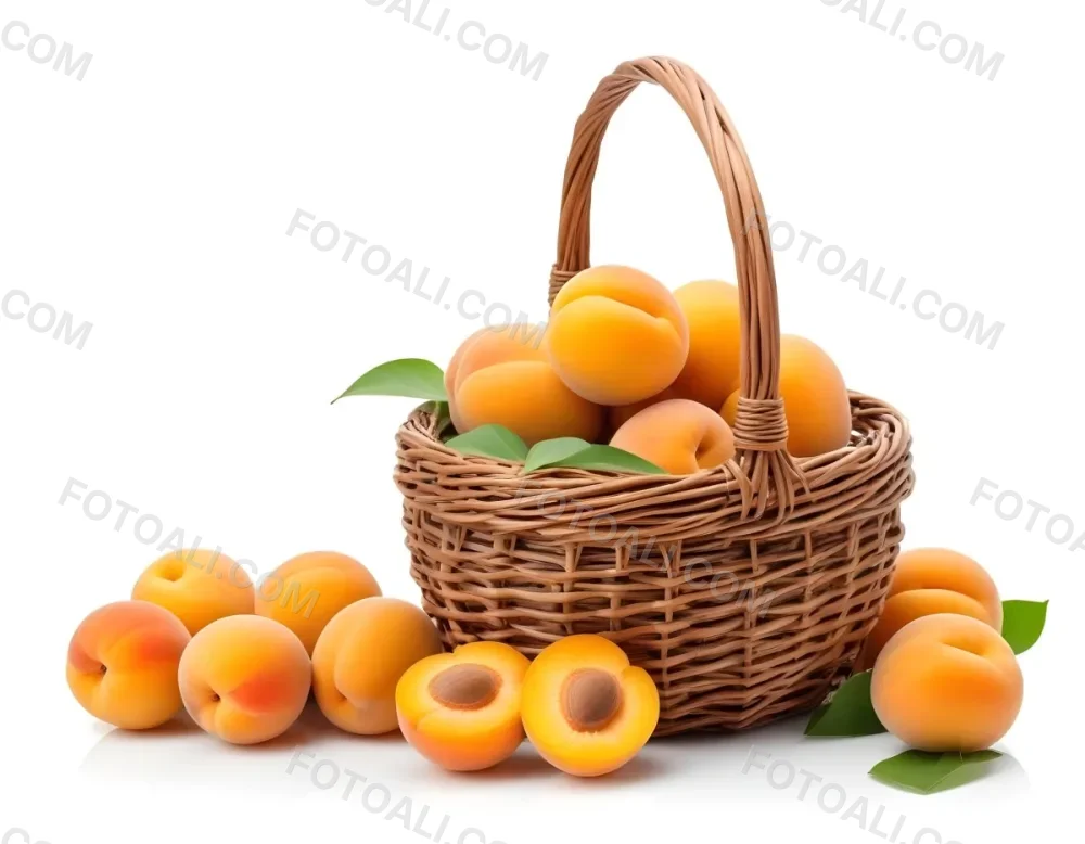 A Wicker Basket Filled With Fresh Ripe Apricots Some Whole And Some Halved With Green Leaves Scattered Around The Basket On A White Background 8 Cc39