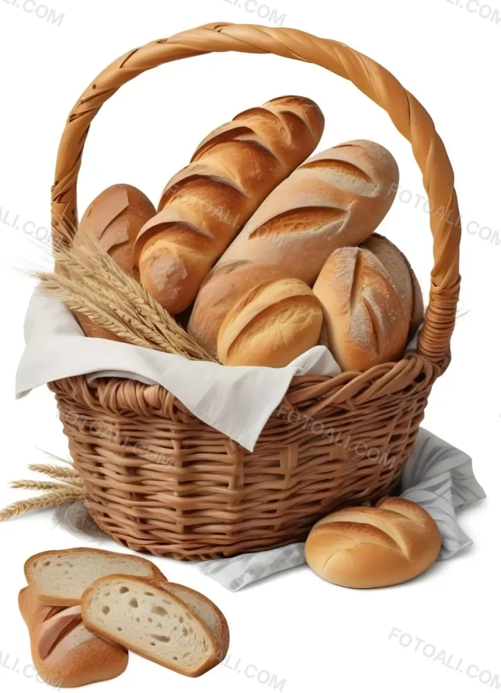 A Wicker Basket Filled With Various Types Of Freshly Baked Bread Including Baguettes Rolls And Loaves The Bread Appears To Be Golden Brown In Color And The Basket Is Placed On A White Surfac 1 5821