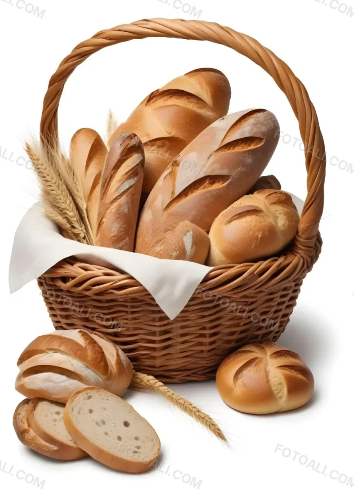 A Wicker Basket Filled With Various Types Of Freshly Baked Bread Including Baguettes Rolls And Loaves The Bread Appears To Be Golden Brown In Color And The Basket Is Placed On A White Surfac 10 0c04