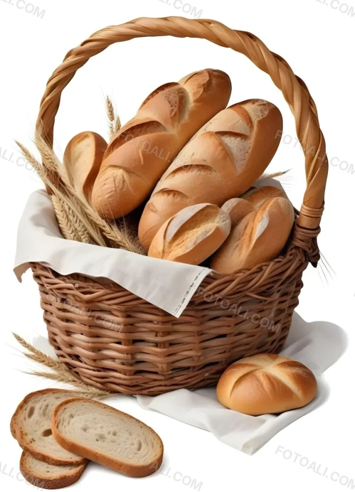 A Wicker Basket Filled With Various Types Of Freshly Baked Bread Including Baguettes Rolls And Loaves The Bread Appears To Be Golden Brown In Color And The Basket Is Placed On A White Surfac 11 F296