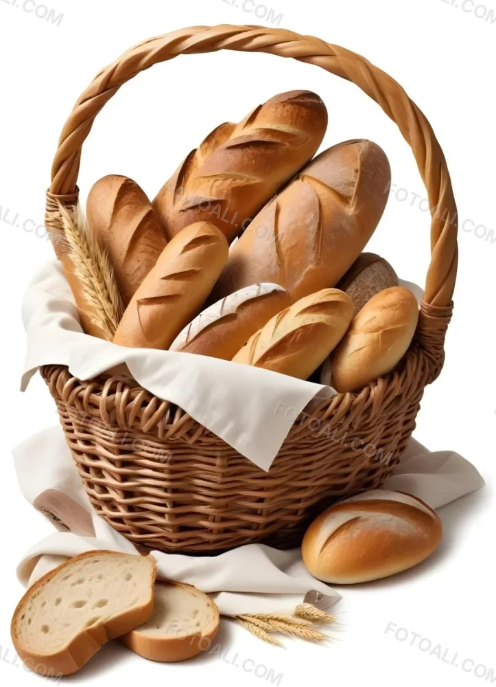 A Wicker Basket Filled With Various Types Of Freshly Baked Bread Including Baguettes Rolls And Loaves The Bread Appears To Be Golden Brown In Color And The Basket Is Placed On A White Surfac 3 4076