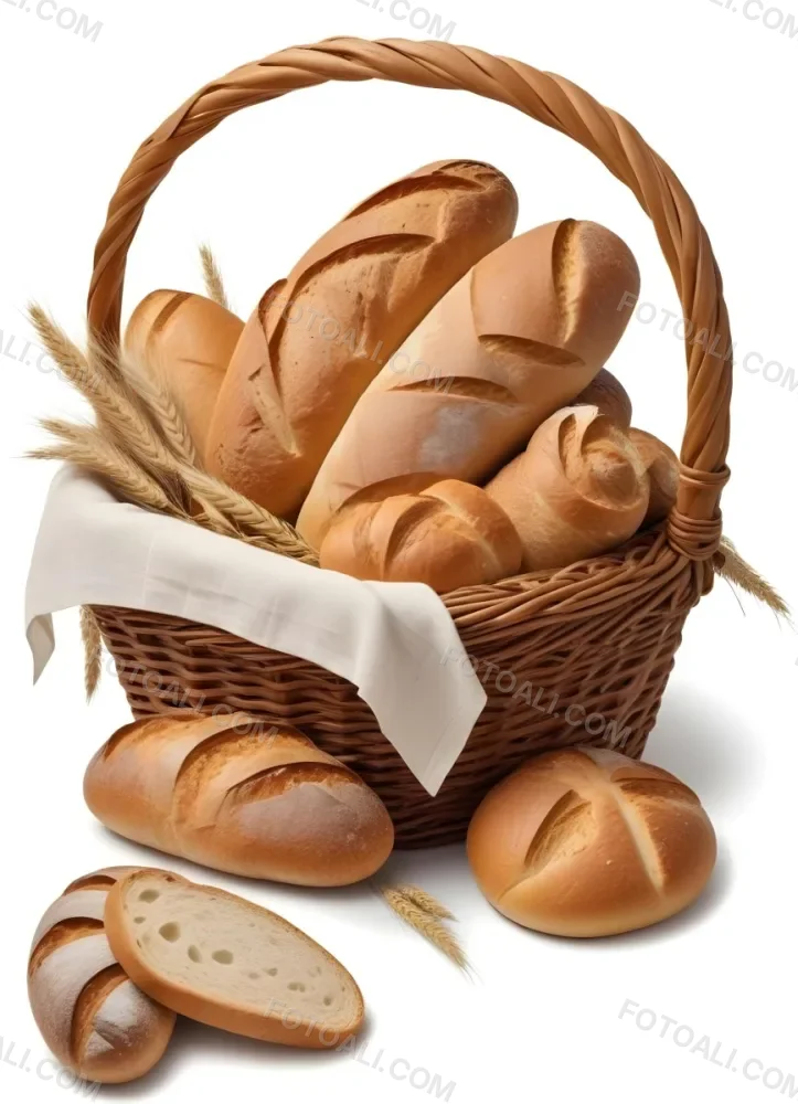 A Wicker Basket Filled With Various Types Of Freshly Baked Bread Including Baguettes Rolls And Loaves The Bread Appears To Be Golden Brown In Color And The Basket Is Placed On A White Surfac 5 D1ed