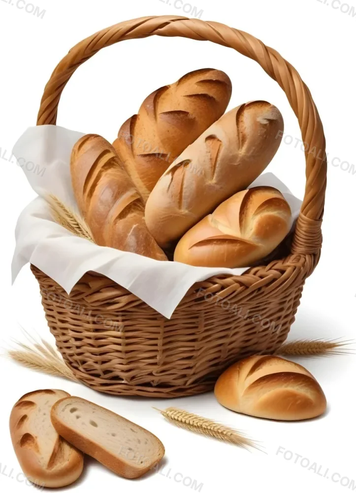 A Wicker Basket Filled With Various Types Of Freshly Baked Bread Including Baguettes Rolls And Loaves The Bread Appears To Be Golden Brown In Color And The Basket Is Placed On A White Surfac 6 01d6