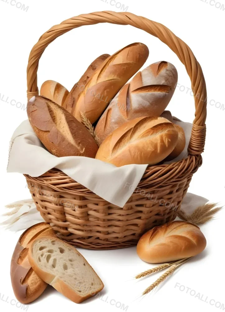 A Wicker Basket Filled With Various Types Of Freshly Baked Bread Including Baguettes Rolls And Loaves The Bread Appears To Be Golden Brown In Color And The Basket Is Placed On A White Surfac 9 D0a7