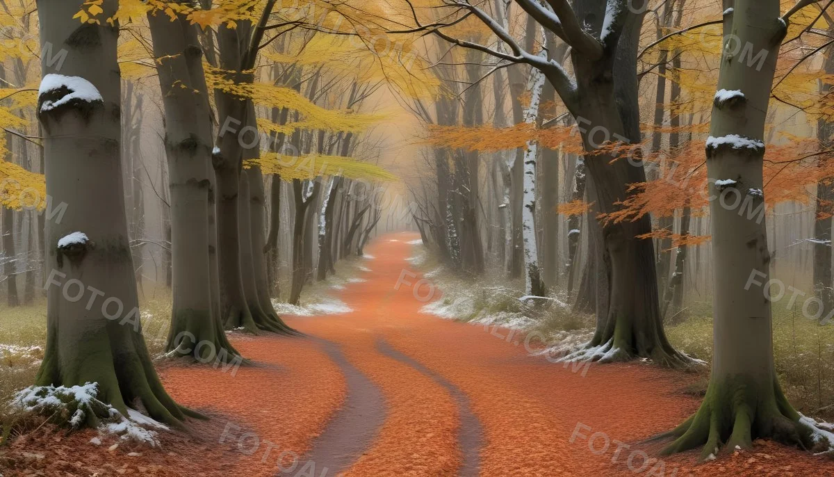 A Winding Road Through A Forest With Bare Trees Covered In Orange And Red Leaves Creating A Vibrant Autumn Landscape With A Misty Atmospheric Feel 2 Cb43