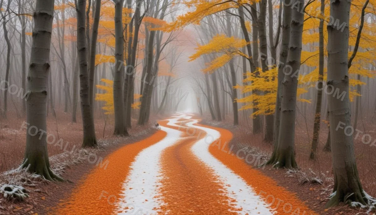 A Winding Road Through A Forest With Bare Trees Covered In Orange And Red Leaves Creating A Vibrant Autumn Landscape With A Misty Atmospheric Feel 2 F9f7