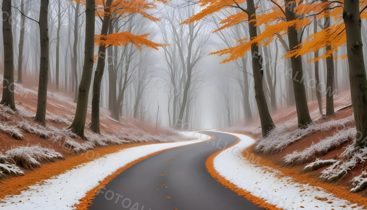 A Winding Road Through A Forest With Bare Trees Covered In Orange And Red Leaves Creating A Vibrant Autumn Landscape With A Misty Atmospheric Feel 3 5ebf