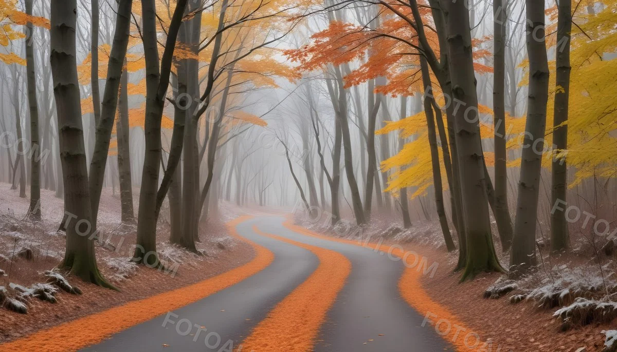 A Winding Road Through A Forest With Bare Trees Covered In Orange And Red Leaves Creating A Vibrant Autumn Landscape With A Misty Atmospheric Feel 4 07d2