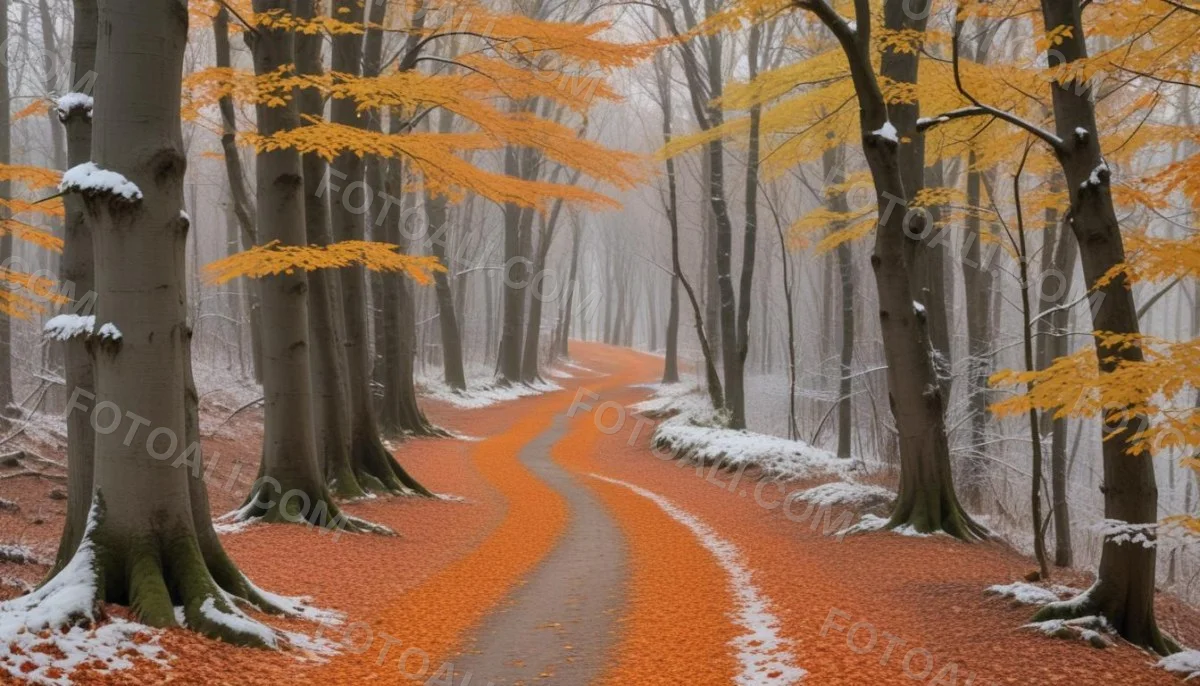 A Winding Road Through A Forest With Bare Trees Covered In Orange And Red Leaves Creating A Vibrant Autumn Landscape With A Misty Atmospheric Feel 4 Bee7