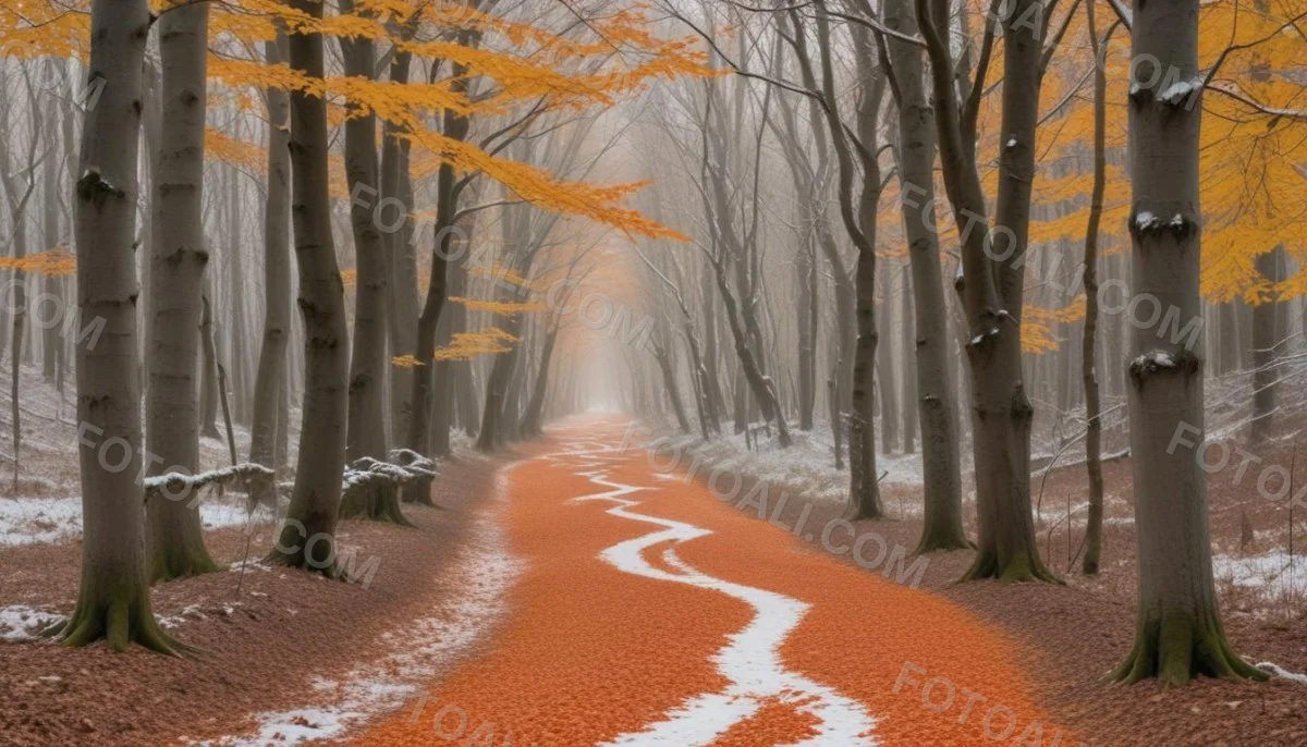 A Winding Road Through A Forest With Bare Trees Covered In Orange And Red Leaves Creating A Vibrant Autumn Landscape With A Misty Atmospheric Feel 5 E4e4