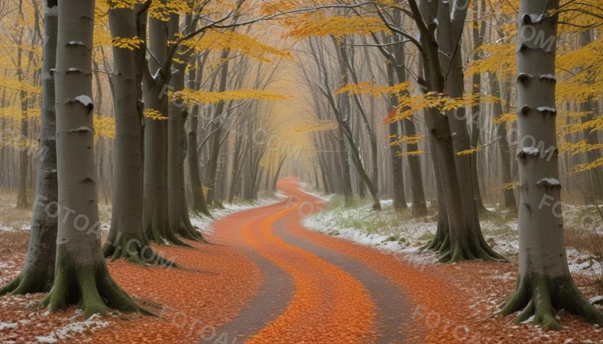 A Winding Road Through A Forest With Bare Trees Covered In Orange And Red Leaves Creating A Vibrant Autumn Landscape With A Misty Atmospheric Feel 6 3e52