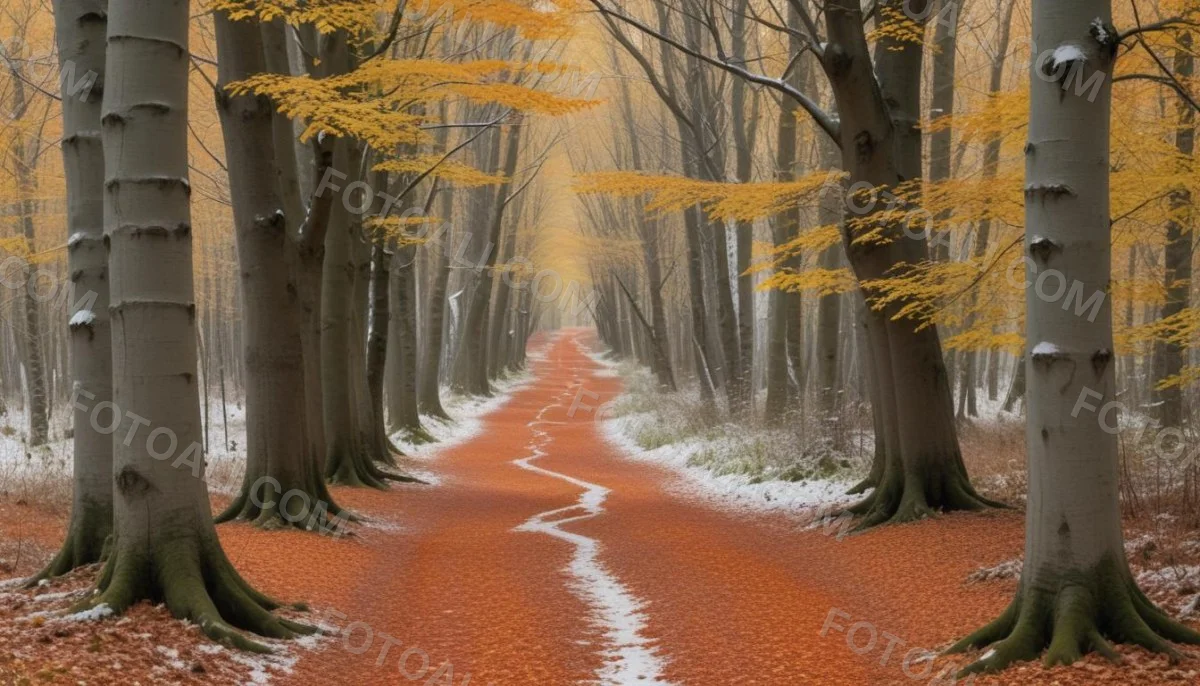 A Winding Road Through A Forest With Bare Trees Covered In Orange And Red Leaves Creating A Vibrant Autumn Landscape With A Misty Atmospheric Feel 7 54d8
