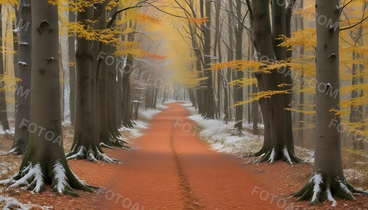 A Winding Road Through A Forest With Bare Trees Covered In Orange And Red Leaves Creating A Vibrant Autumn Landscape With A Misty Atmospheric Feel 7 9113