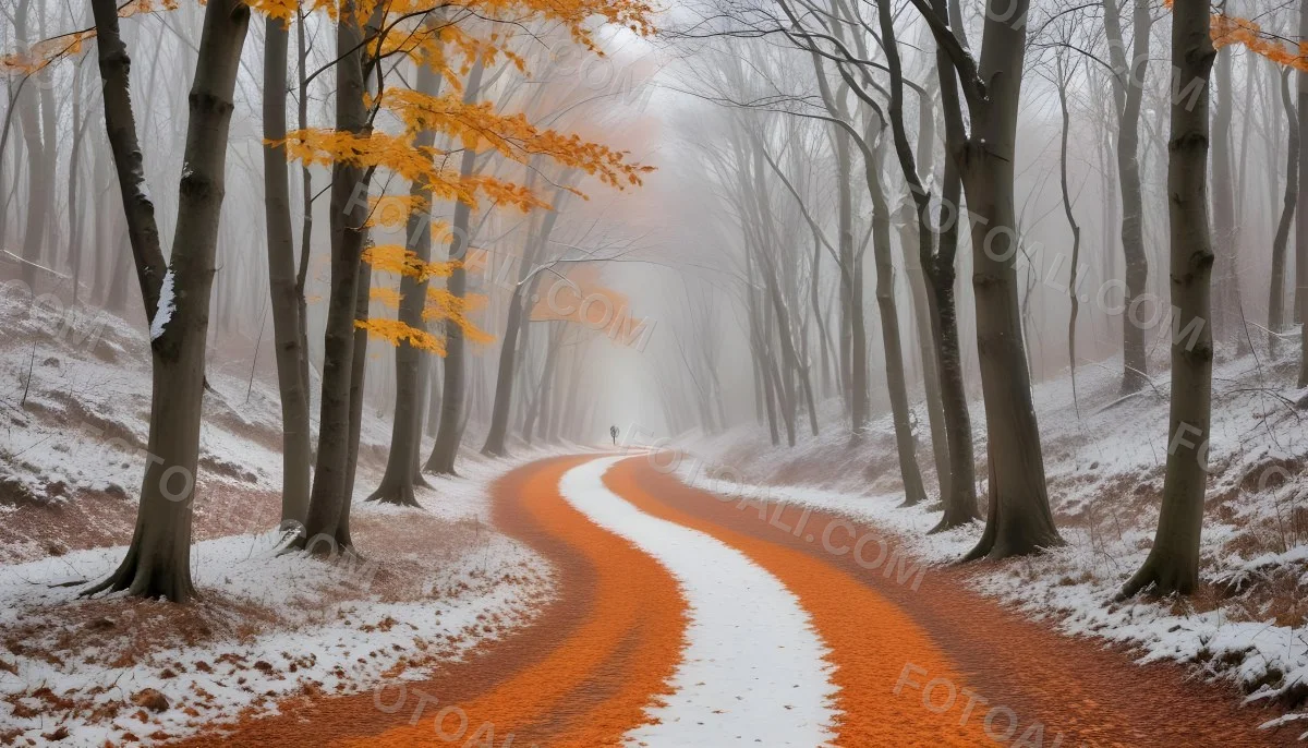 A Winding Road Through A Forest With Bare Trees Covered In Orange And Red Leaves Creating A Vibrant Autumn Landscape With A Misty Atmospheric Feel 8 E288