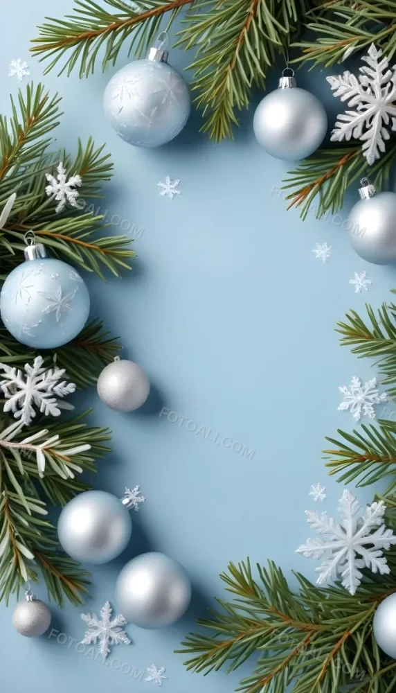 A Winter Holiday Background With Pine Branches Snowflakes And Christmas Ornaments On A Light Blue Background 5